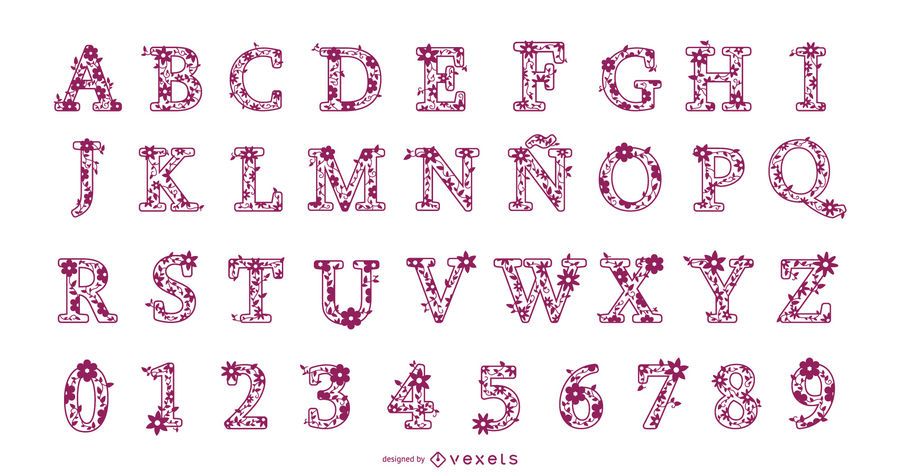 Conjunto de Design de alfabeto floral letras e números Conjunto de Design de alfabeto floral letras e números