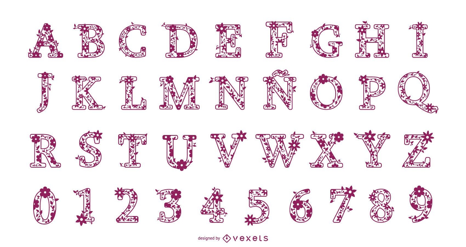 Blumenbuchstaben und Zahlen Alphabet Design Set