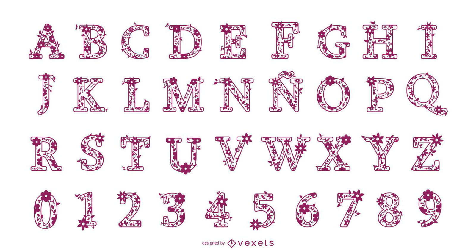 Conjunto de diseño de alfabeto de letras y números florales