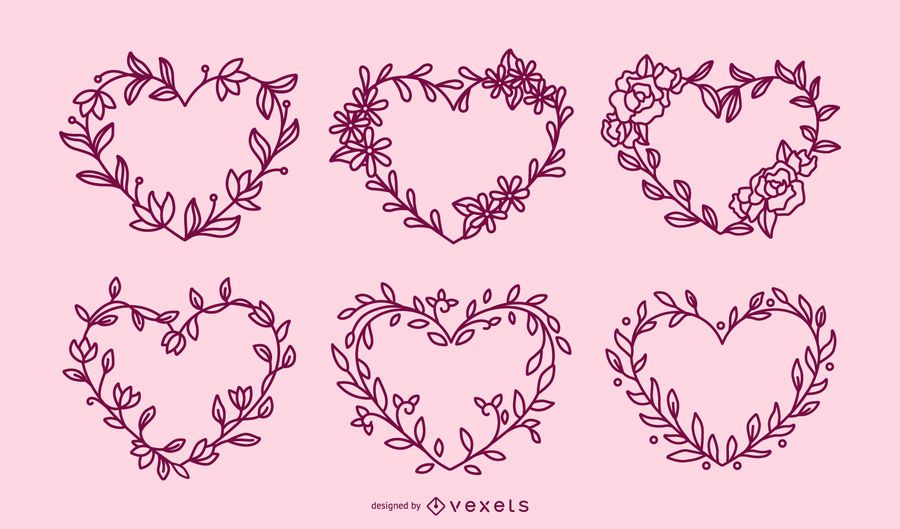 Flower wreaths hearts stroke set Flower wreaths hearts stroke set