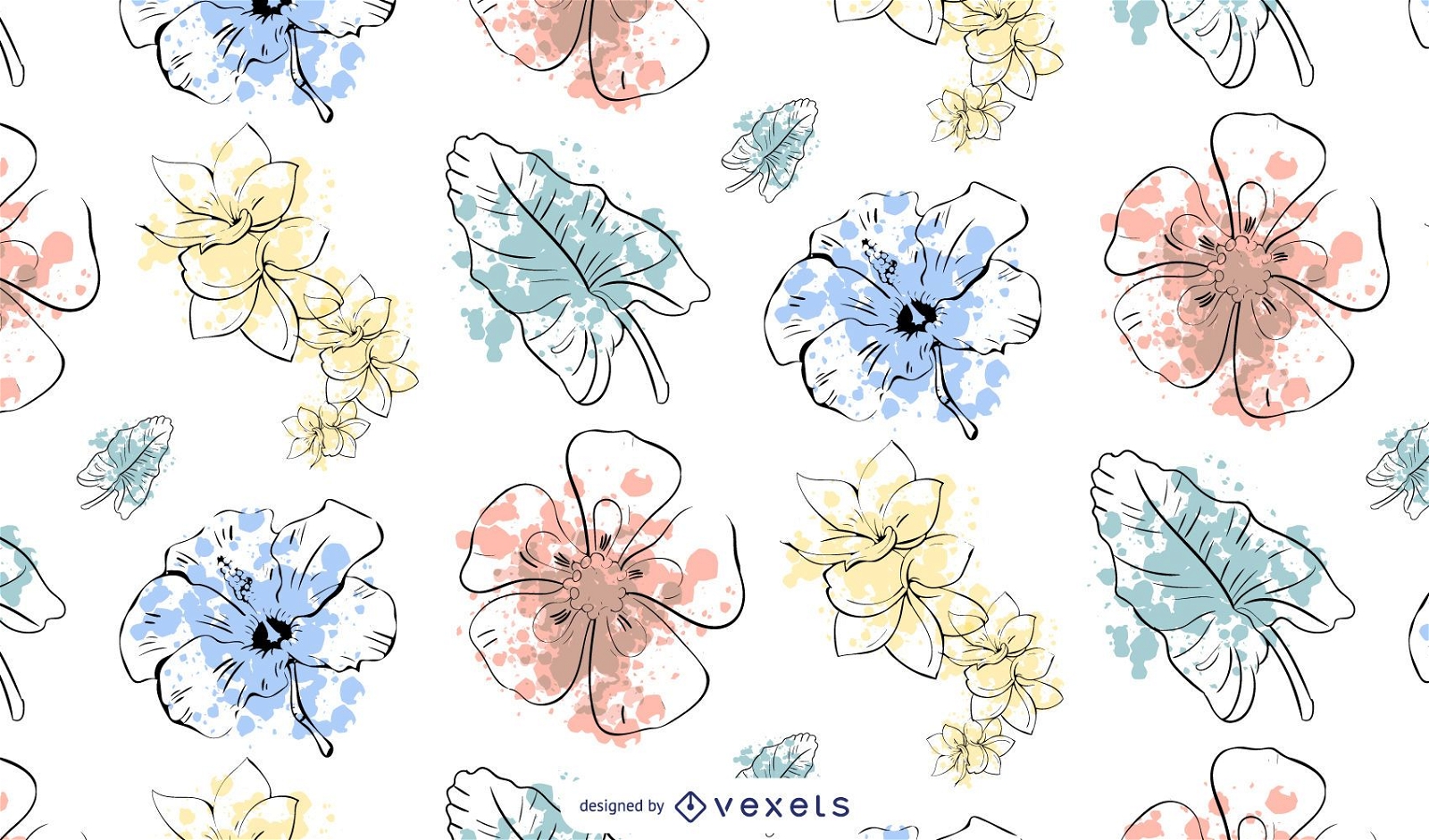 Watercolor splash and tropical flowers pattern design