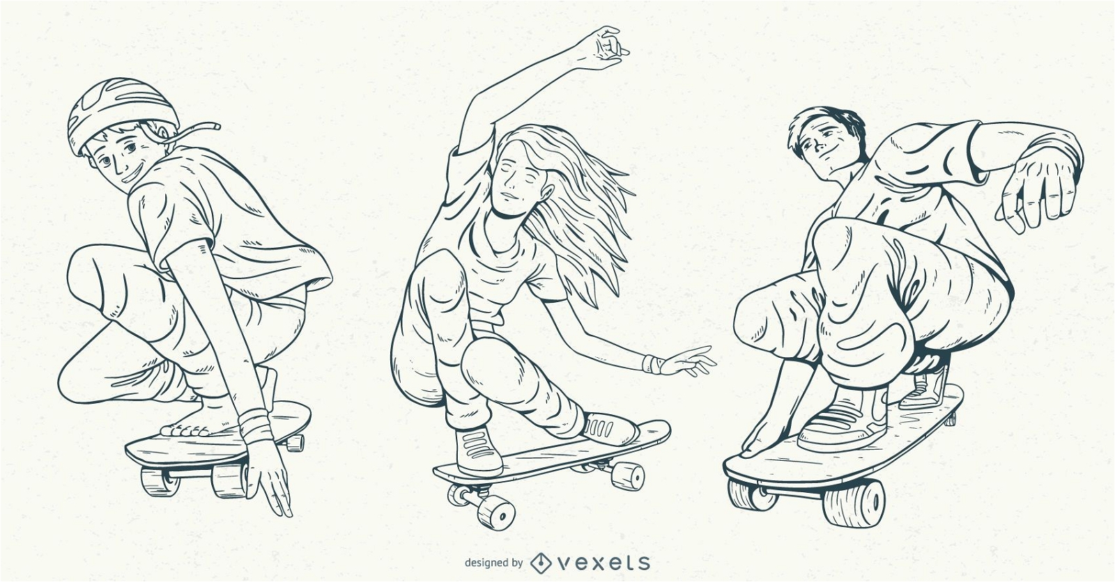 Conjunto de caracteres de skatistas desenhados à mão