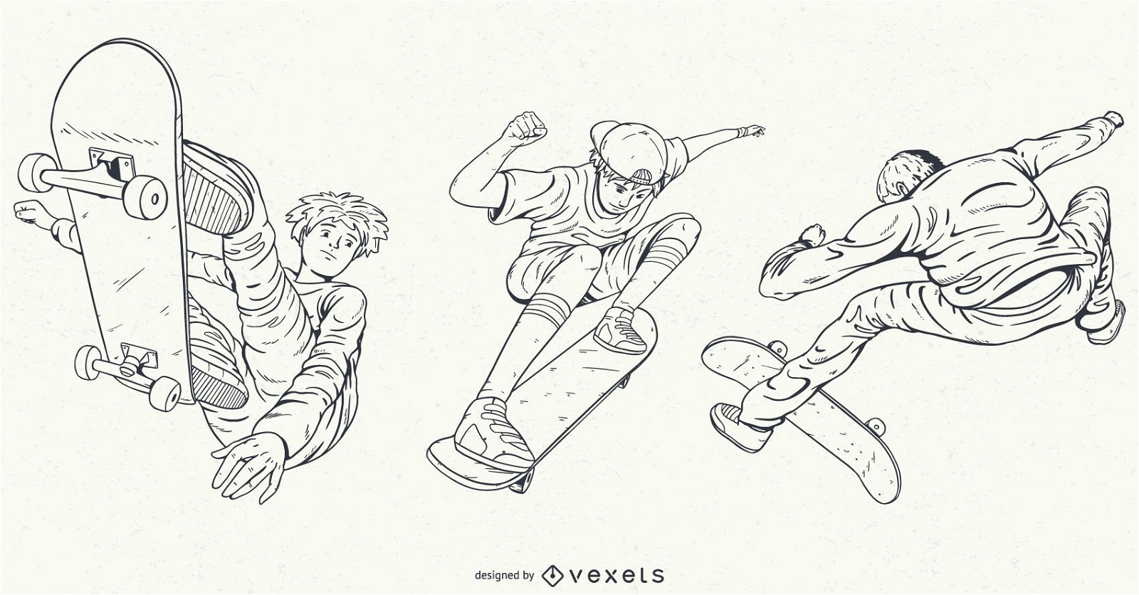 Conjunto de patinação de personagens desenhados à mão