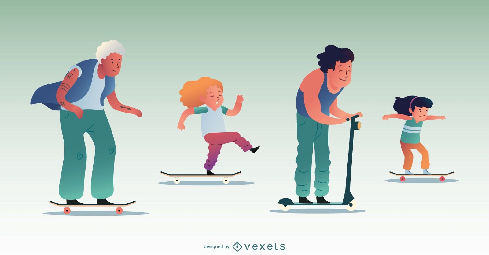 Conjunto de caracteres de personas patinando