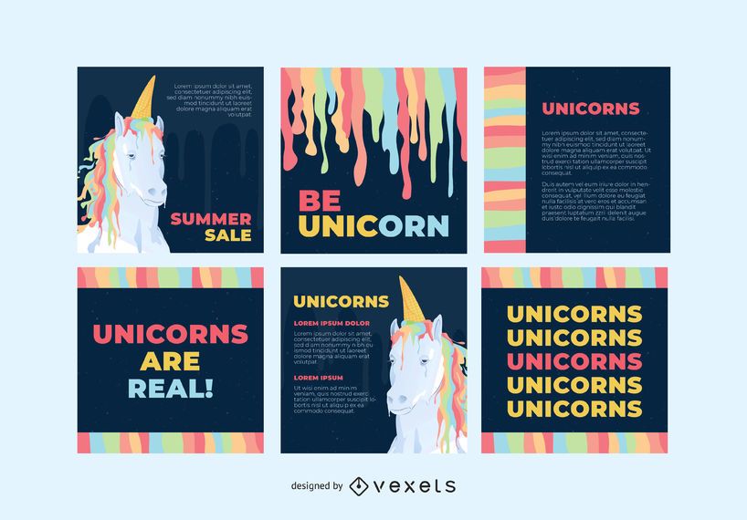 Colorful unicorn social media post set Colorful unicorn social media post set