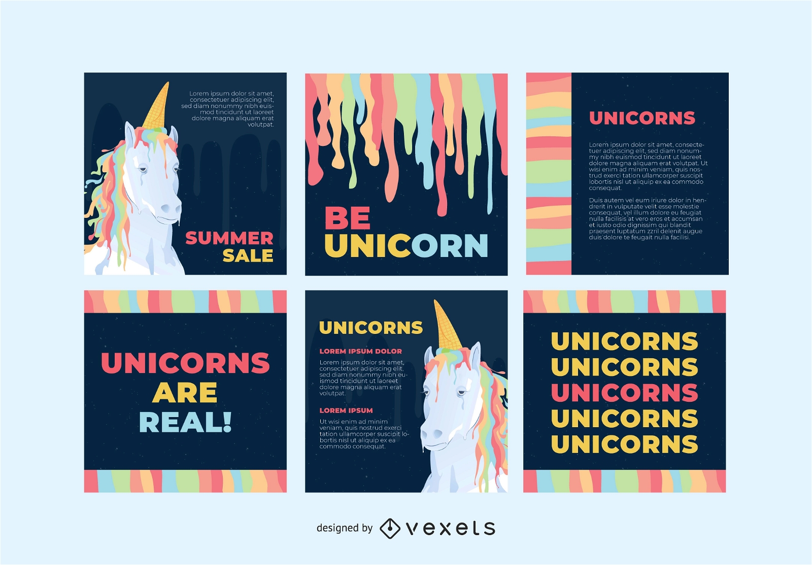 Conjunto de publicaciones de redes sociales de unicornio colorido
