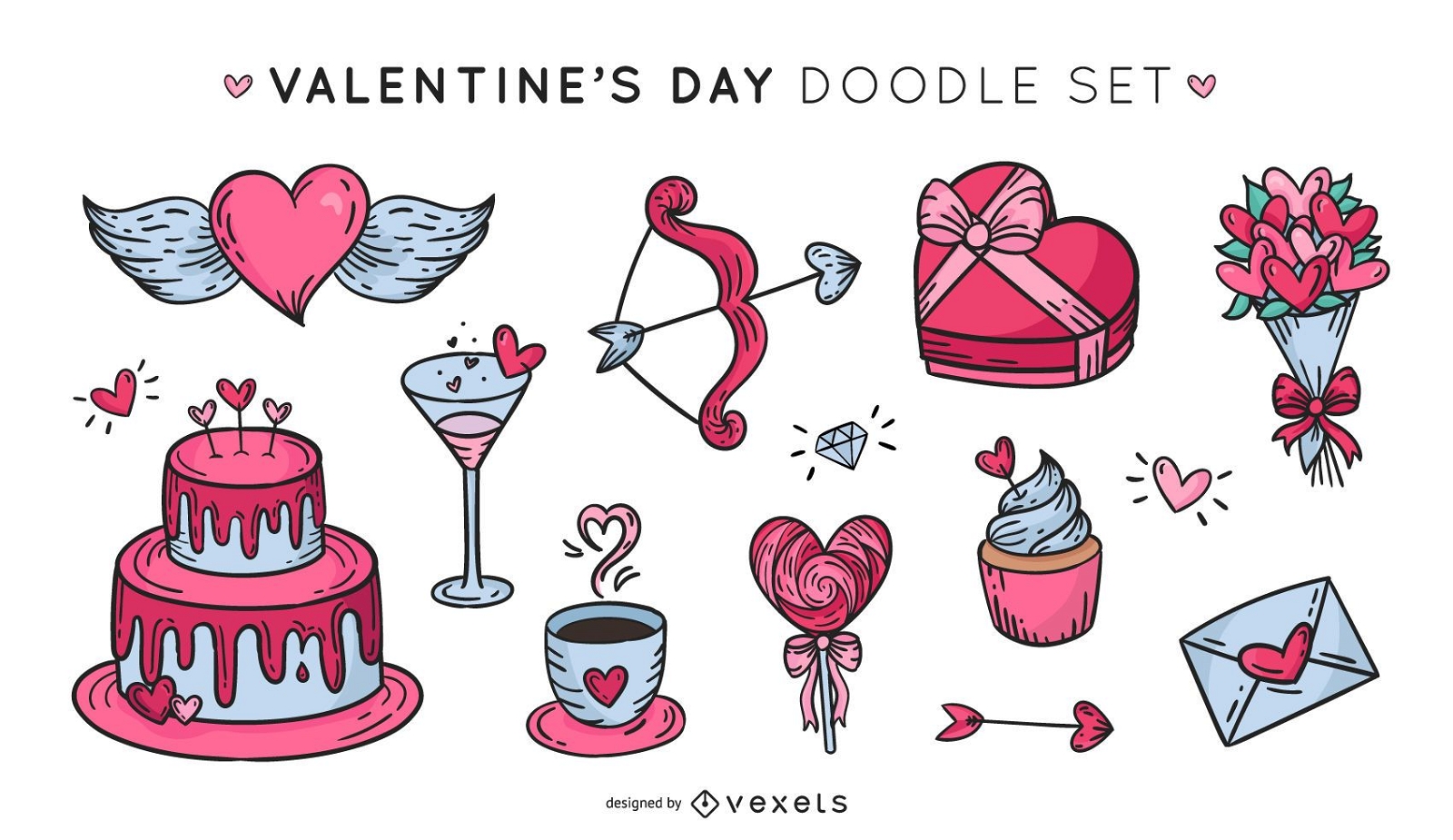 Valentine's day elements doodle set.