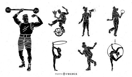 Conjunto preto vintage de personagens de circo