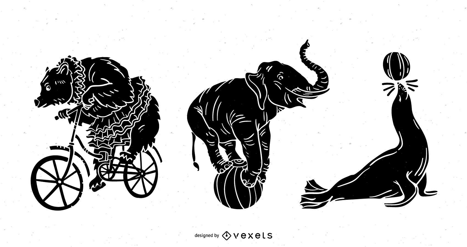 Conjunto vintage preto de animais de circo