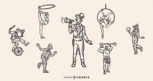 Circus characters vintage stroke set