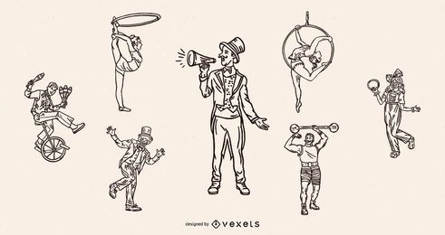 Conjunto de trazo vintage de personajes de circo Conjunto de trazo vintage de personajes de circo