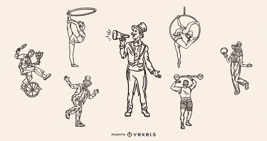 Conjunto de traço vintage de caracteres de circo Conjunto de traço vintage de caracteres de circo