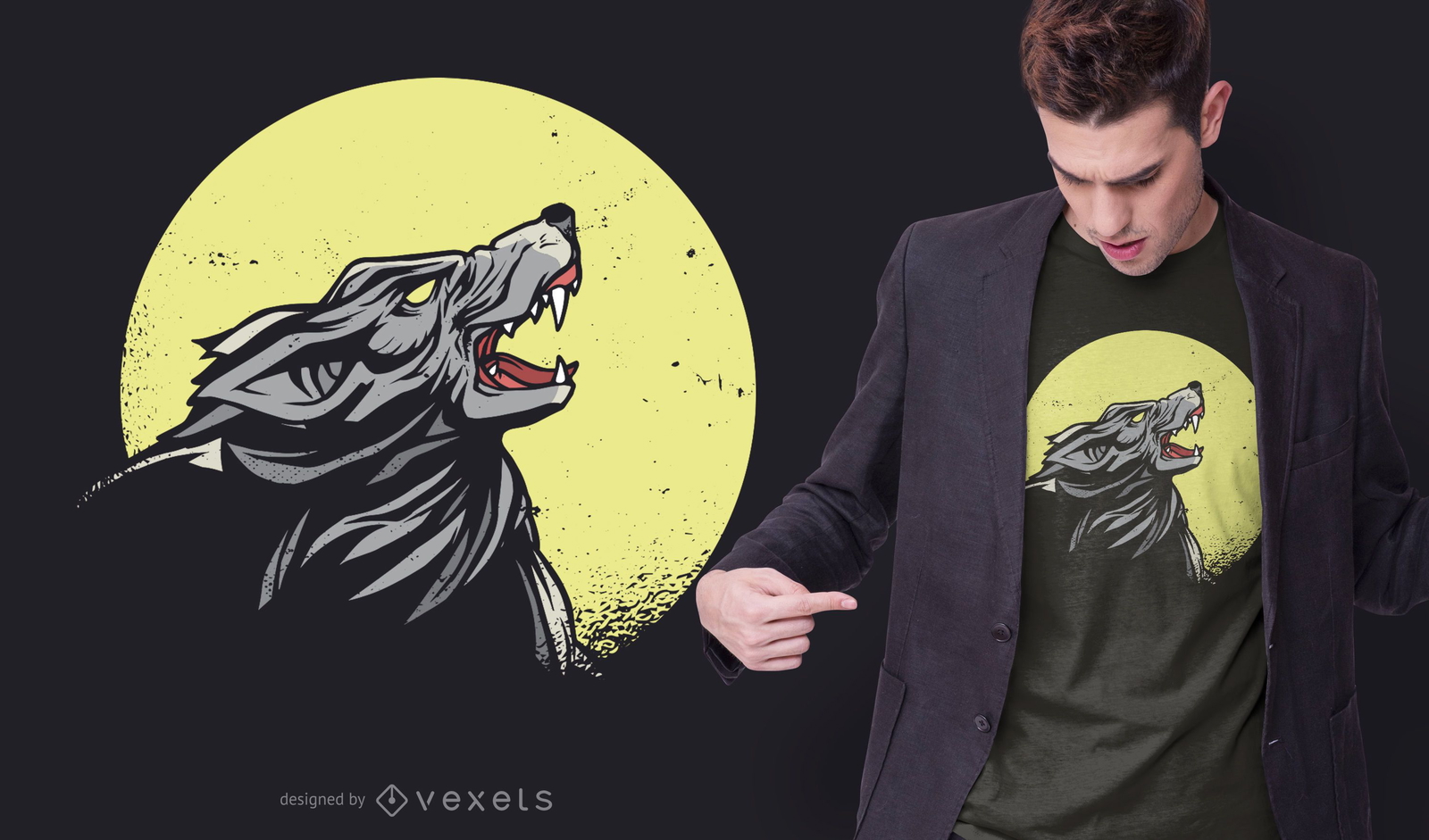 Design de camiseta com ilustração de lobo uivante