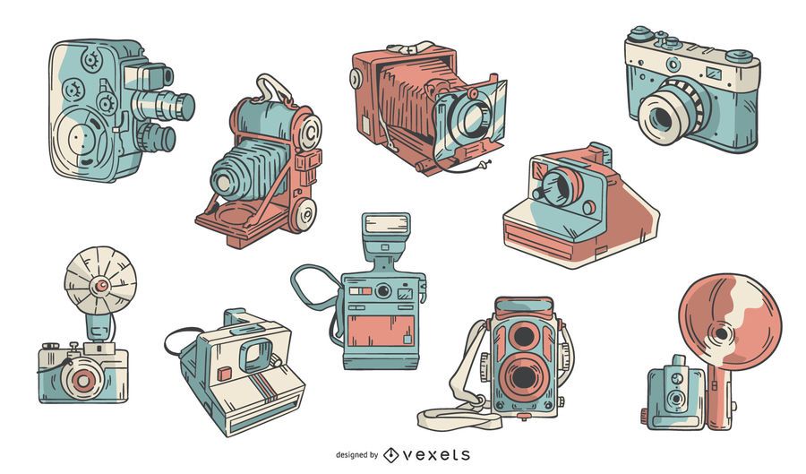 Vintage cameras hand drawn set Vintage cameras hand drawn set