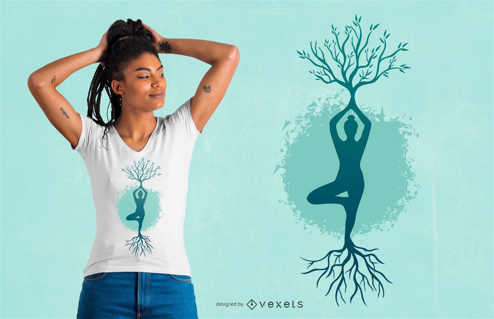 Design de camisetas com árvore para ioga e mulher