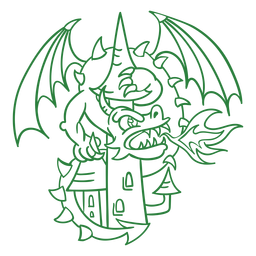 Dragón malvado atacando castillo verde contorno Diseño PNG