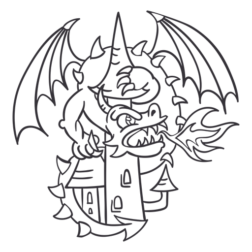 Evil dragon attacking castle outline dragon PNG Design