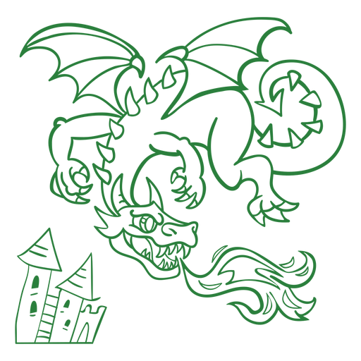 Evil dragon flying fire green outline