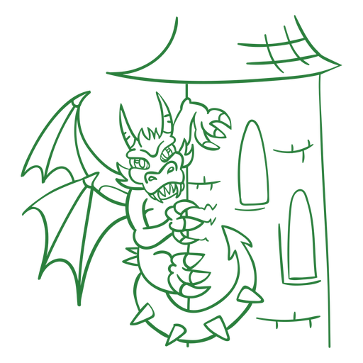 Evil dragon perching tower green outline