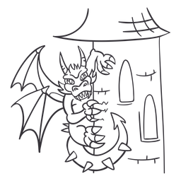 Dragón malvado donde se posan torre dragón de contorno Diseño PNG
