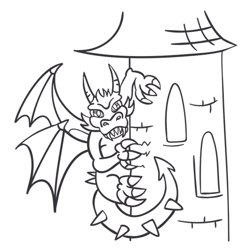 Dragão malvado empoleirar-se na torre contorno dragão Desenho PNG
