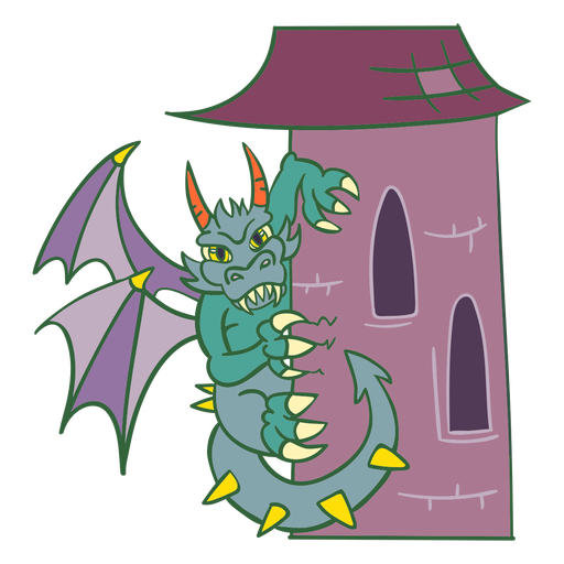Dragão verde maligno pousando na torre mais escura Desenho PNG