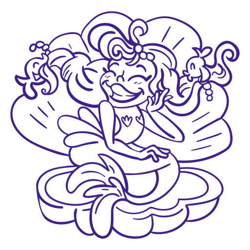Happy mermaid sitting sea shell purple outline PNG Design