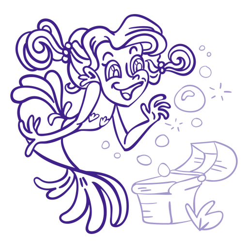 Happy mermaid treasure box purple outline