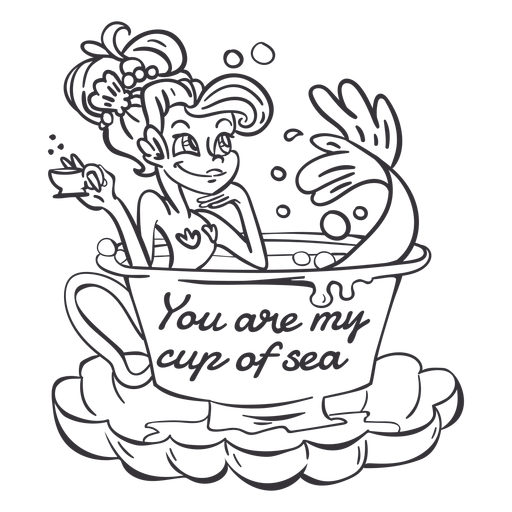 Mermaid bathing teacup drinking tea black outline PNG Design