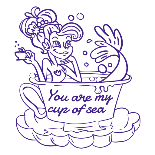 Mermaid bathing teacup drinking tea purple outline PNG Design
