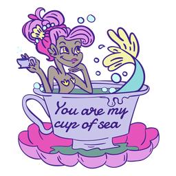 Sereia de cabelo rosa tomando banho xícara de chá bebendo chá de sereia