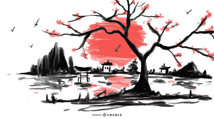 Japanese Watercolor Landscape Illustration Japanese Watercolor Landscape Illustration