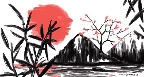 Japan Landscape Watercolor Illustration Japan Landscape Watercolor Illustration