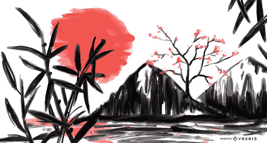 Japan Landscape Watercolor Illustration Japan Landscape Watercolor Illustration