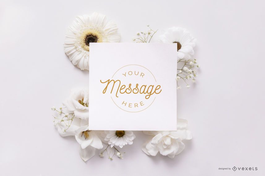 Card over white flowers mockup Card over white flowers mockup