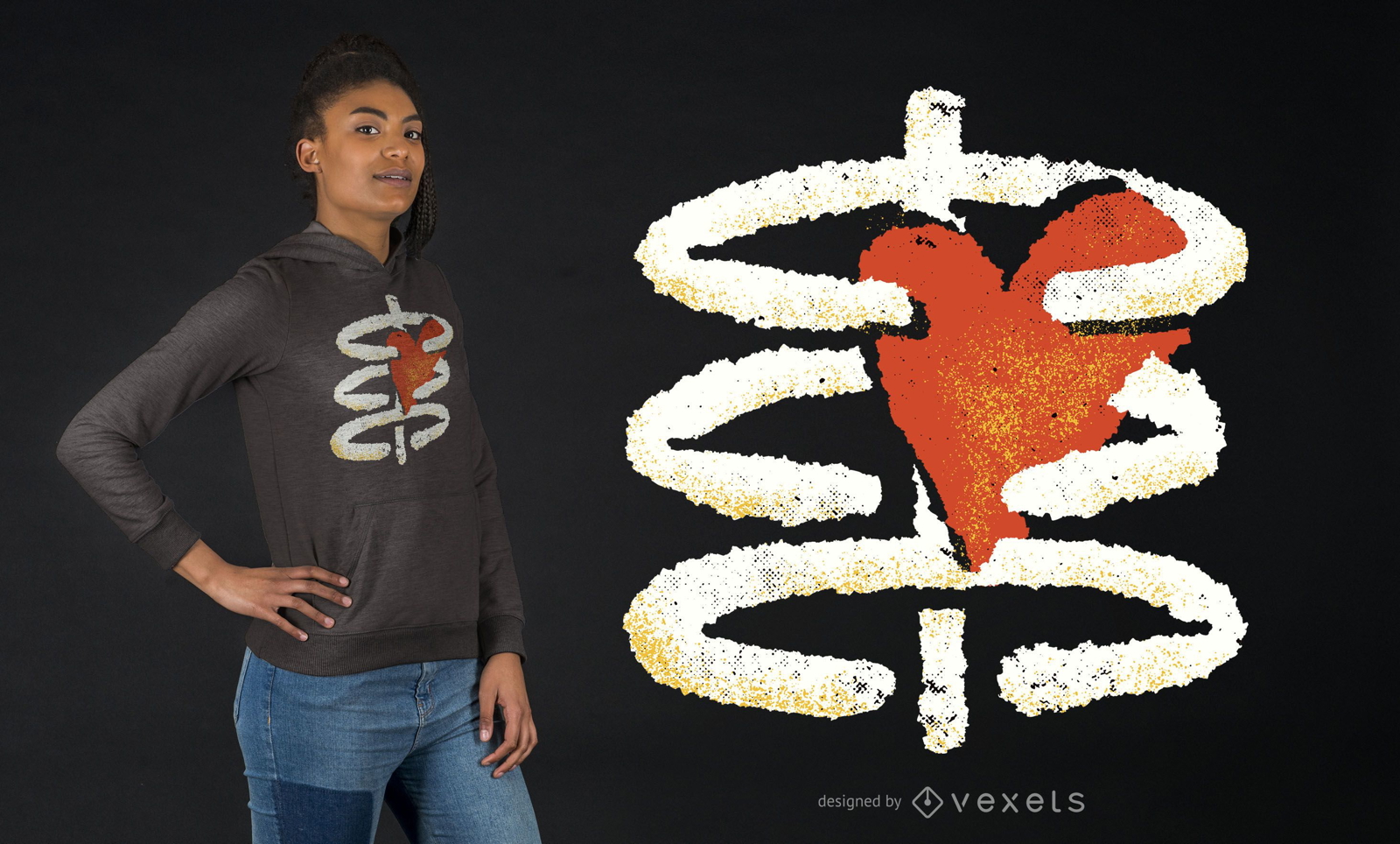 Design de camiseta em forma de coração e caixa torácica