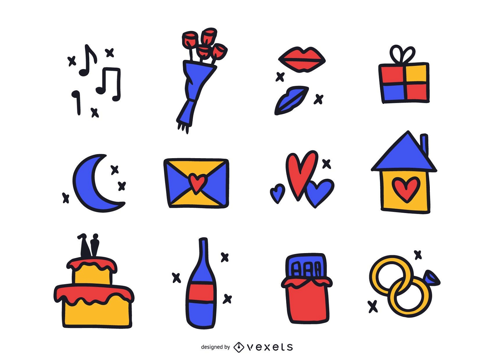 Paquete de Doodle de colores de elementos de amor