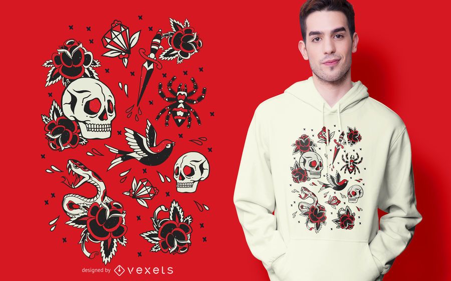 Design de t-shirt de elementos de tatuagem da velha escola Design de t-shirt de elementos de tatuagem da velha escola