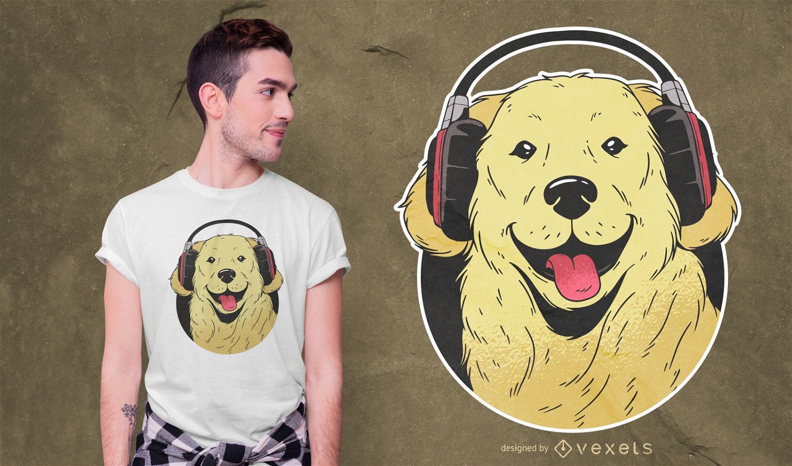 Design de camiseta do Golden Retriever com fone de ouvido