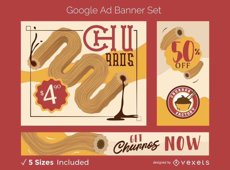 Conjunto de banners de anuncios de Google de comida churro Conjunto de banners de anuncios de Google de comida churro