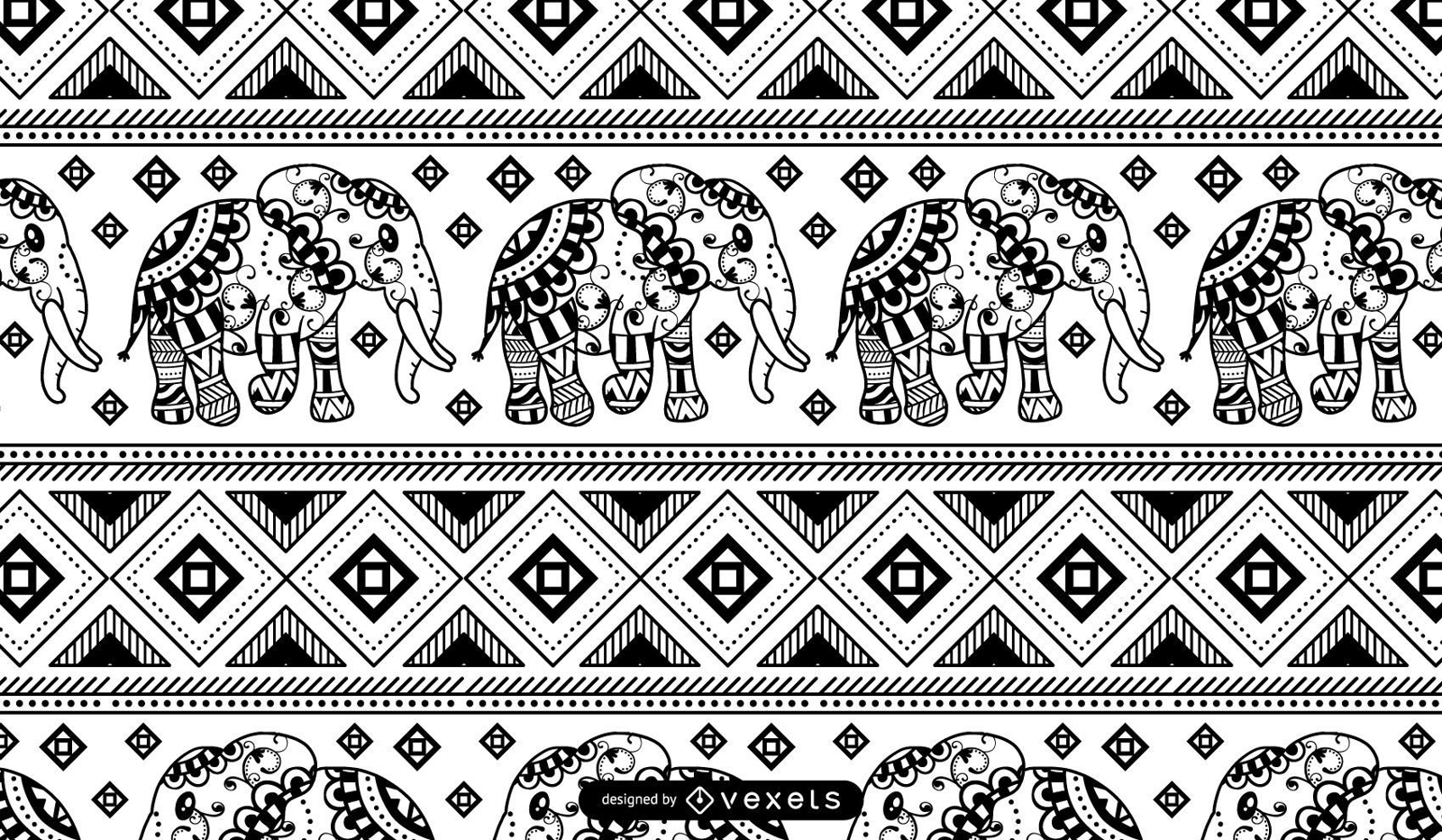 Mandala de elefante preto e branco padrão