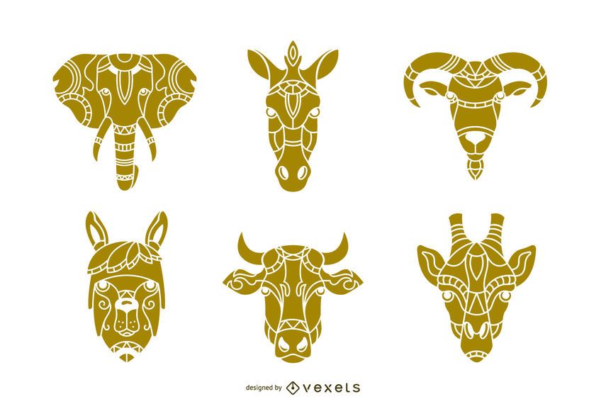 Conjunto de diseño de cabeza de animal Mandala Conjunto de diseño de cabeza de animal Mandala
