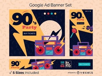 Paquete de diseño de banner de Google Ads para fiestas de los 90