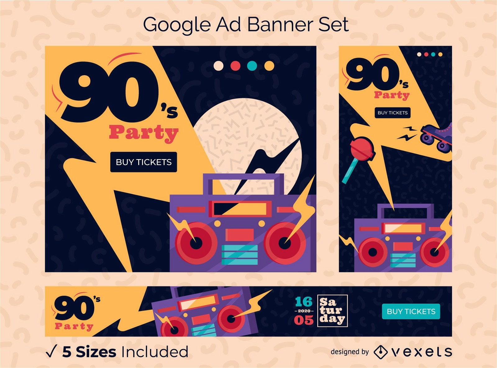 Pacote de design do banner do Google Ads para festa dos anos 90