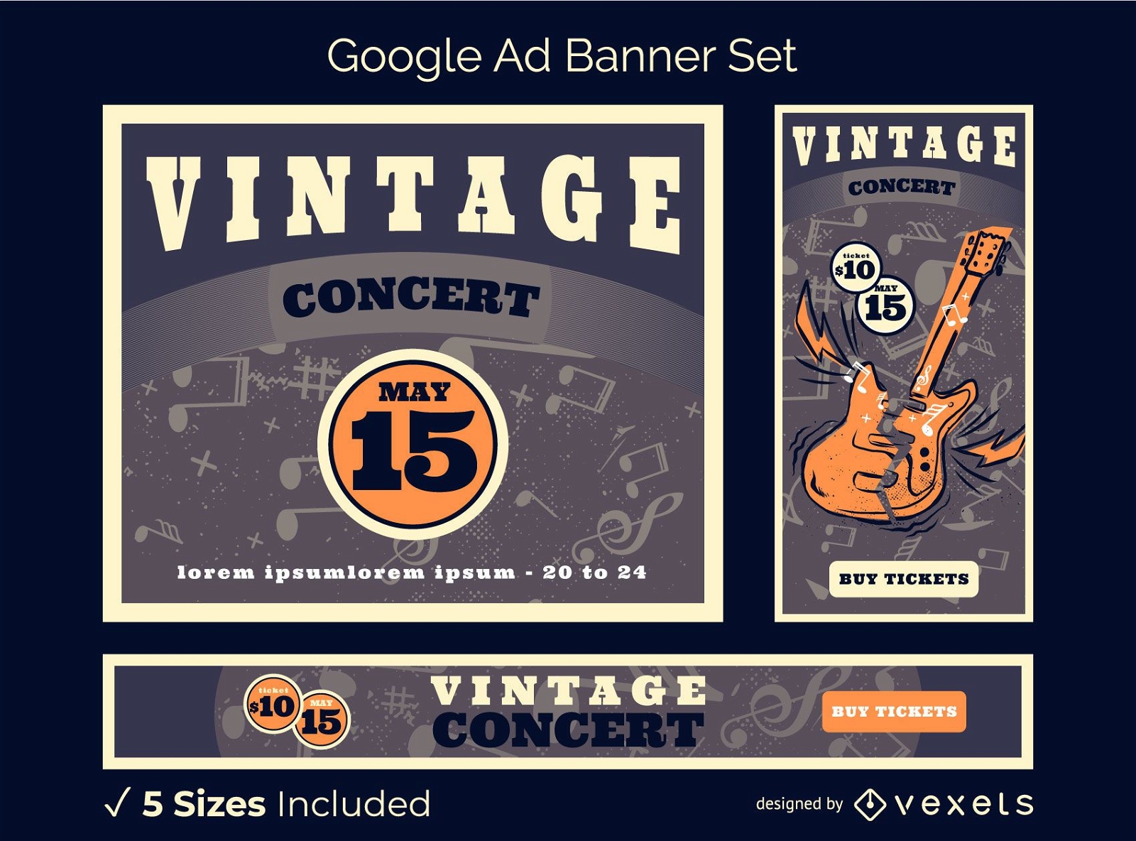 Paquete de banners de Google Ads de conciertos vintage