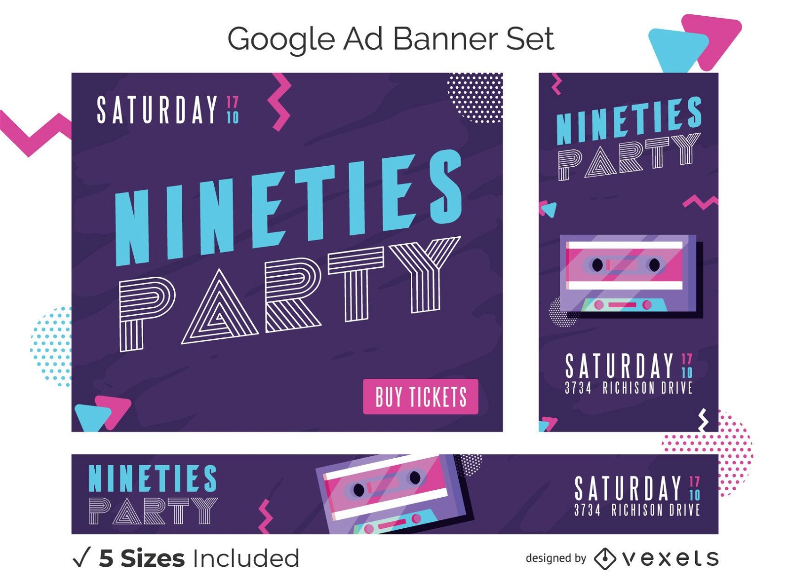 Pacote de banners do Google Ads para festa dos anos 90