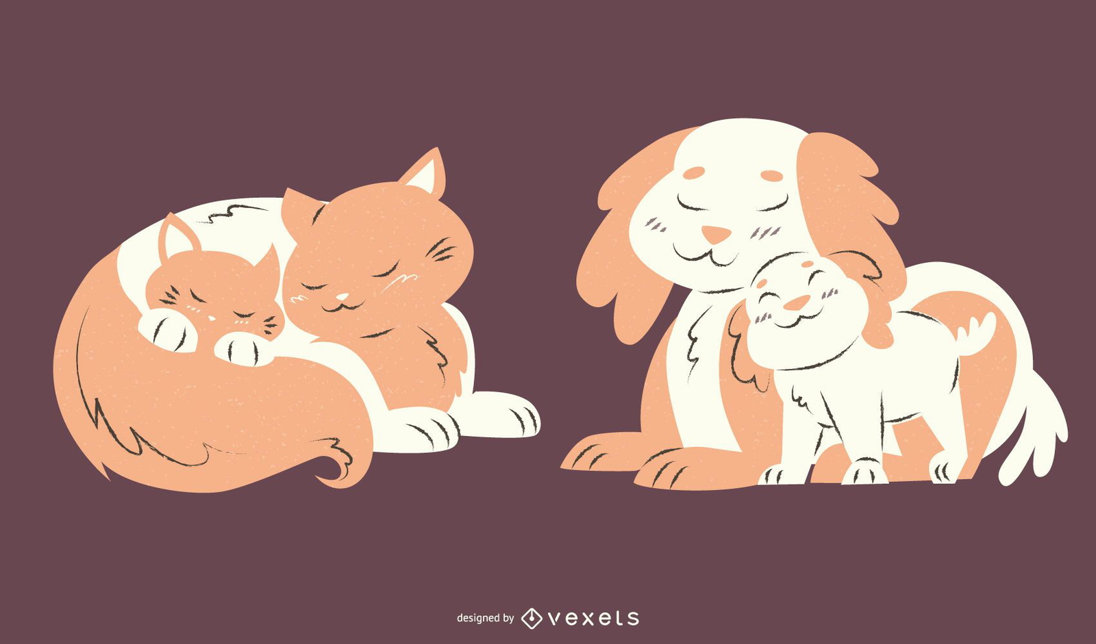 Conjunto de ilustração animal mãe gato cachorro