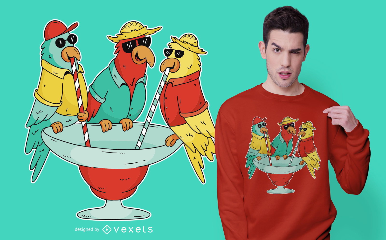 Design de camisetas de papagaios bebendo