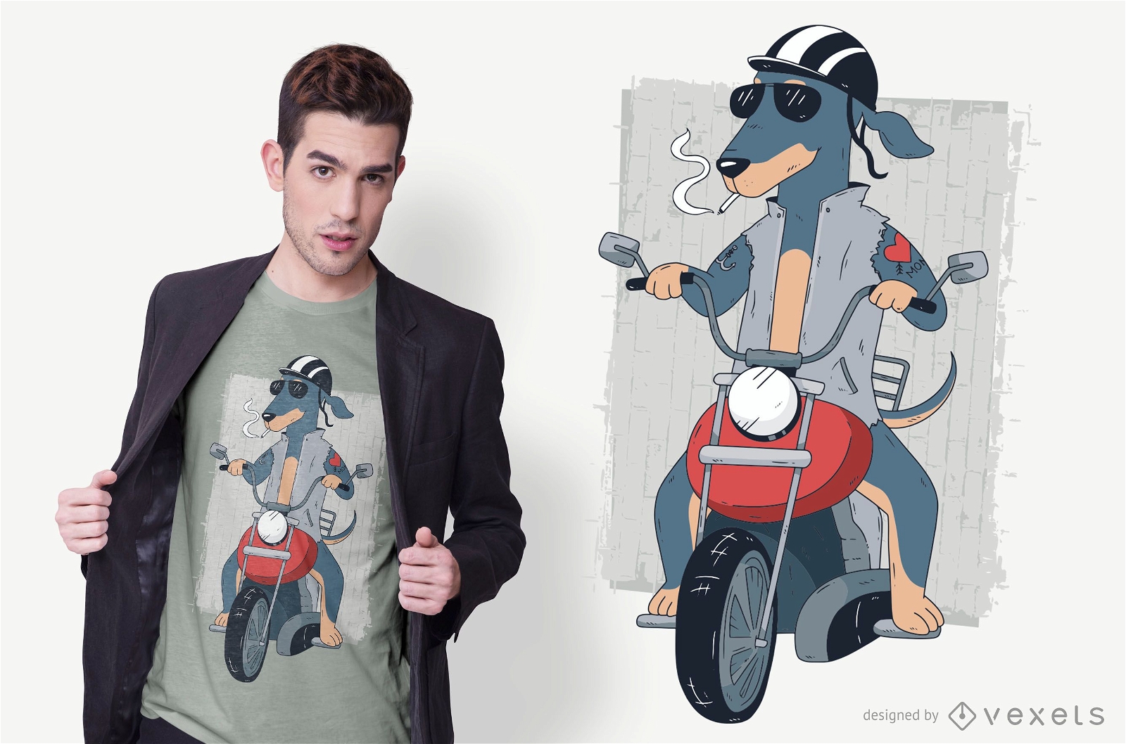 Diseño de camiseta de perro salchicha en motocicleta