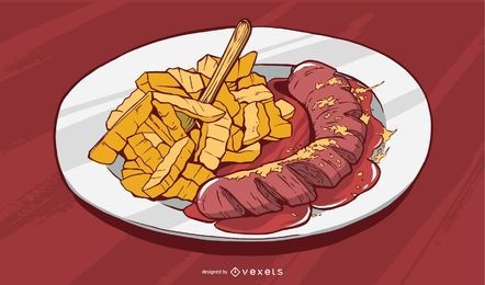 Ilustración de comida frita y salchicha